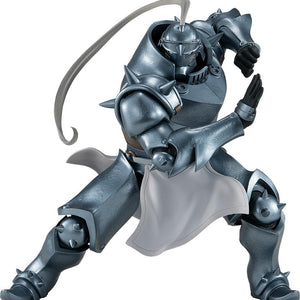Full body shot of the Alphonse Elric POP UP PARADE figure in a dynamic martial arts pose with a flowing white head plume.