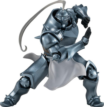 Full body shot of the Alphonse Elric POP UP PARADE figure in a dynamic martial arts pose with a flowing white head plume.