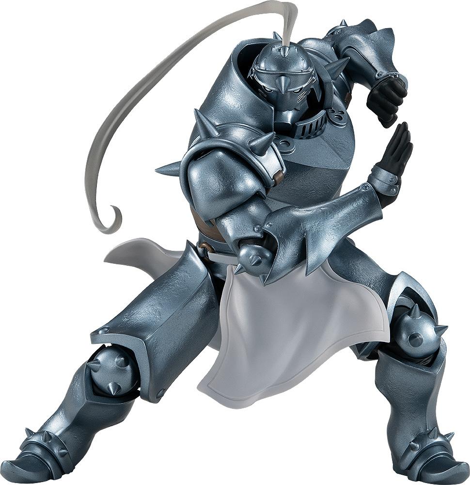 Full body shot of the Alphonse Elric POP UP PARADE figure in a dynamic martial arts pose with a flowing white head plume.