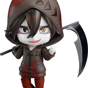Close-up front view of the Angels of Death Isaac Foster Nendoroid figure wearing a blood-splattered brown hoodie and facial bandages while holding a black scythe accessory on a white background.