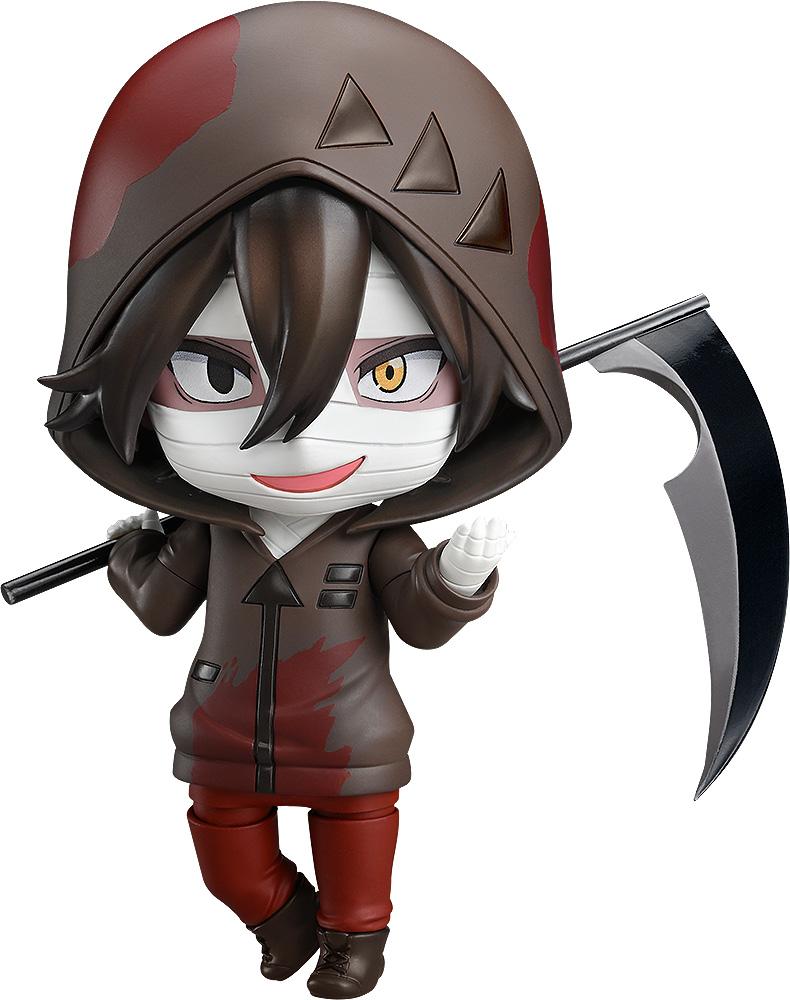 Close-up front view of the Angels of Death Isaac Foster Nendoroid figure wearing a blood-splattered brown hoodie and facial bandages while holding a black scythe accessory on a white background.