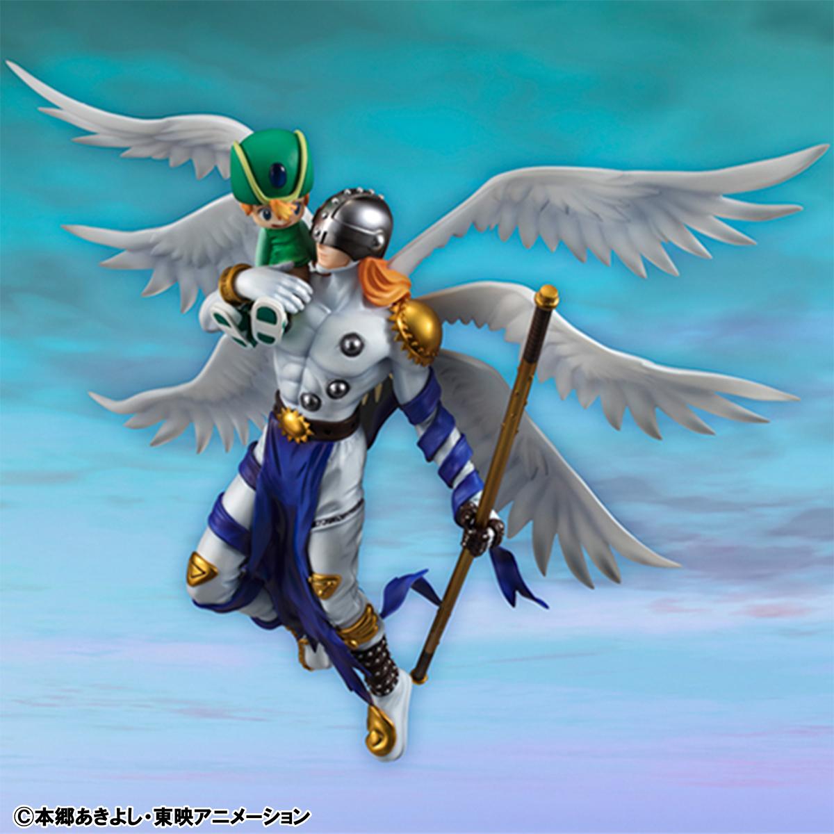 Side profile of the Angemon and Takeru figure highlighting the impressive wingspan and dynamic floating pose.