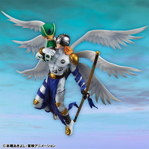 Side profile of the Angemon and Takeru figure highlighting the impressive wingspan and dynamic floating pose.