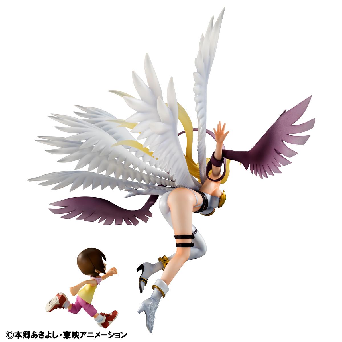 Rear view of the Angewomon figure detailing the sculpting of her eight celestial wings and the back of her white leotard outfit.