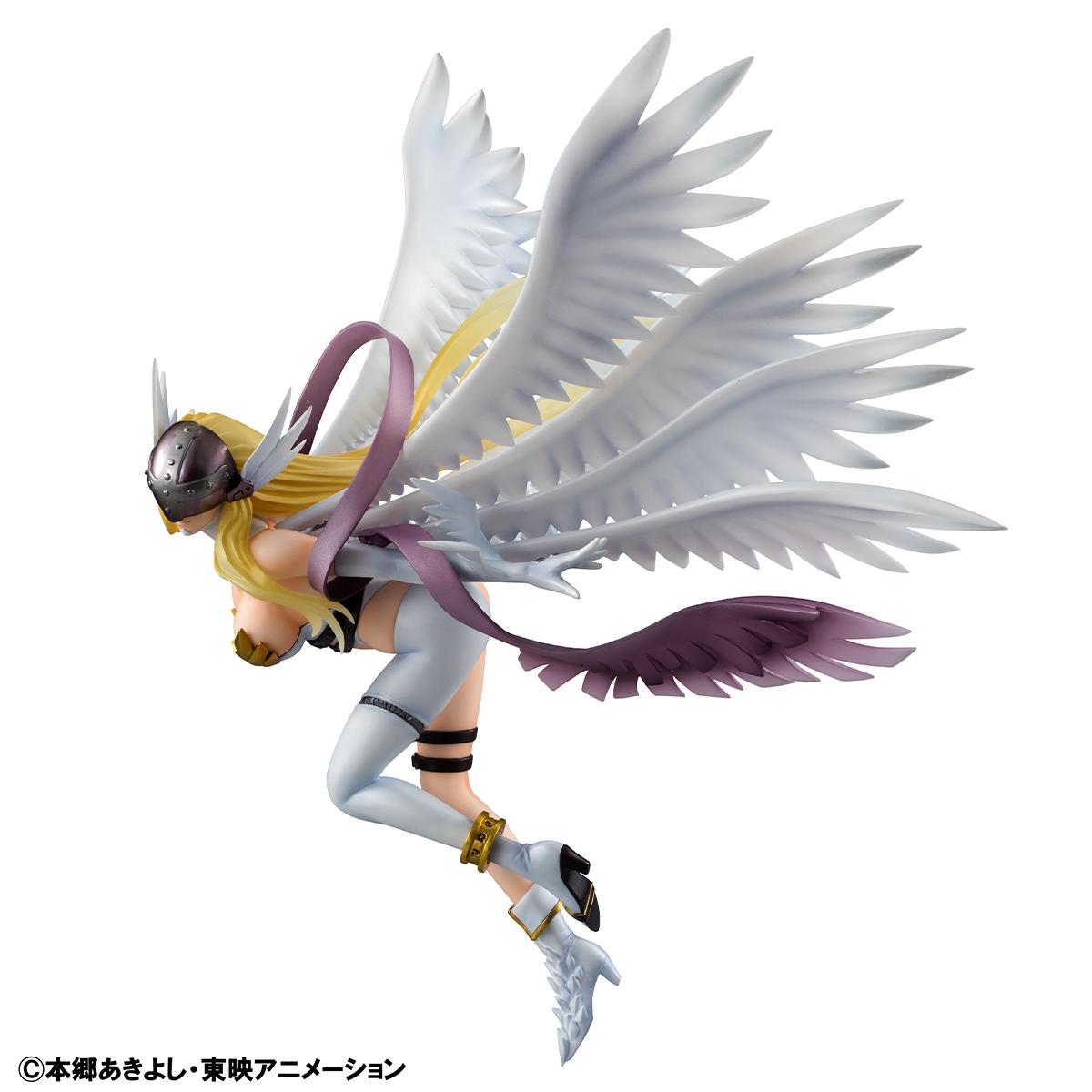 A clean side-profile view of Angewomon in flight, showing her long purple scarf and white high-heeled boots.