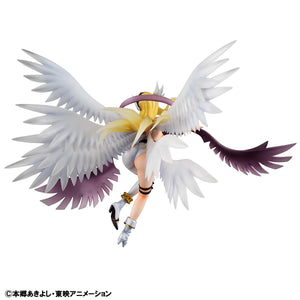 Back view of the Angewomon figure against a white background, showcasing the impressive span of her eight wings.
