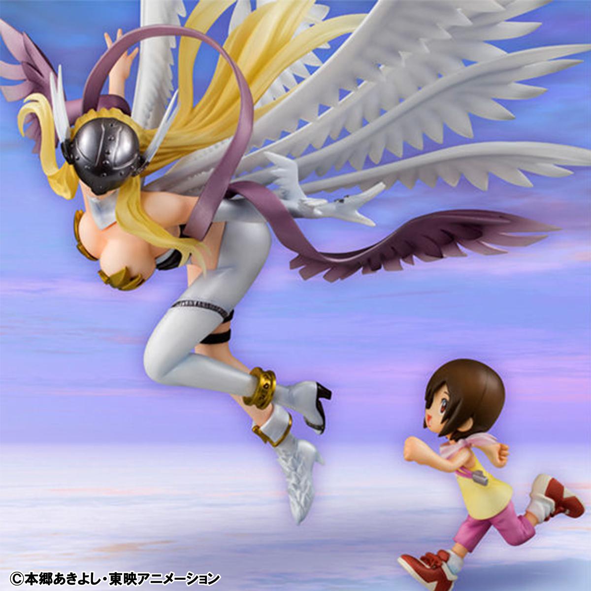 The Angewomon and Hikari Yagami figure set displayed against a purple and blue sky-themed digital background.