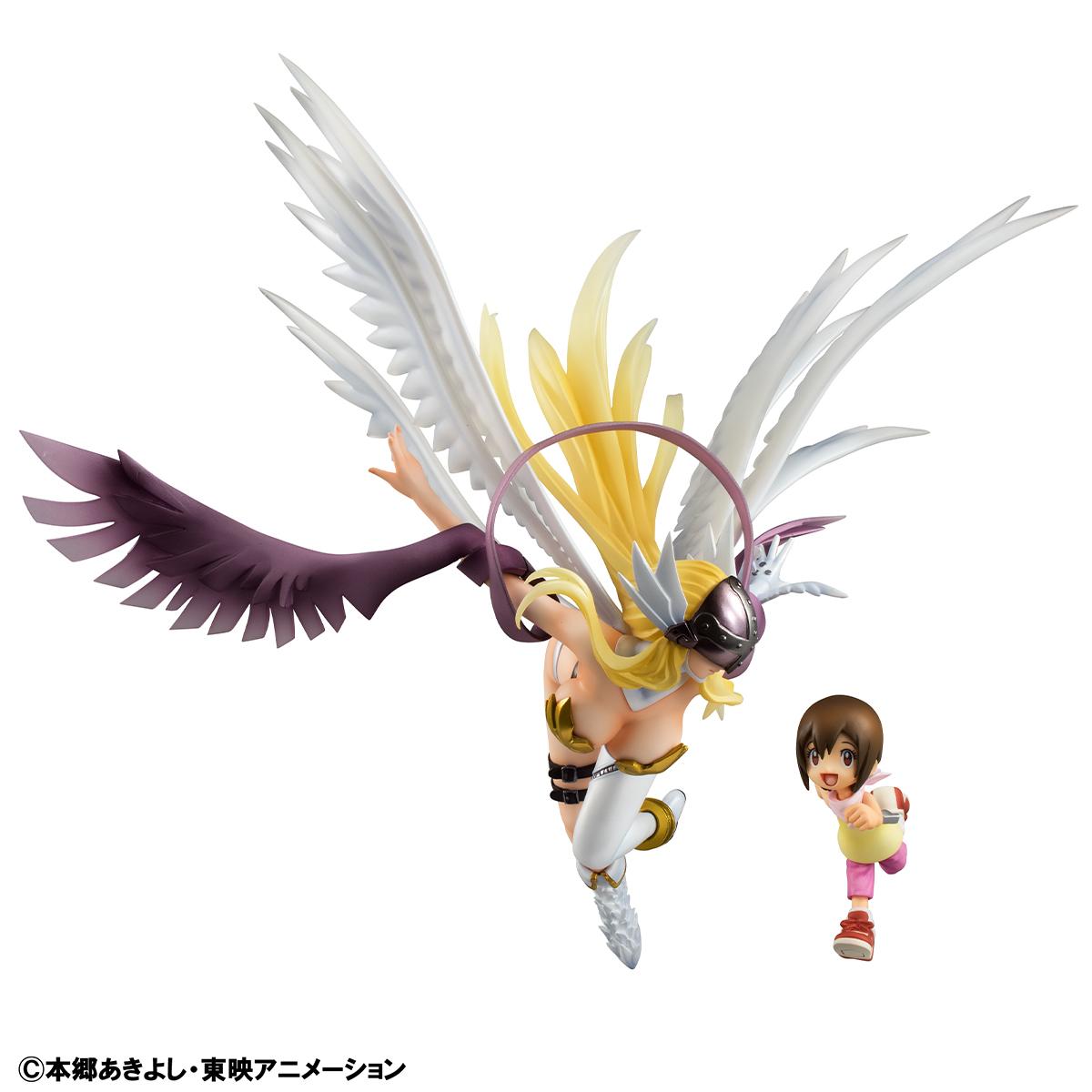 Front-facing dynamic pose of Angewomon showing her intricate eight-wing structure and Kari Kamiya running below her.