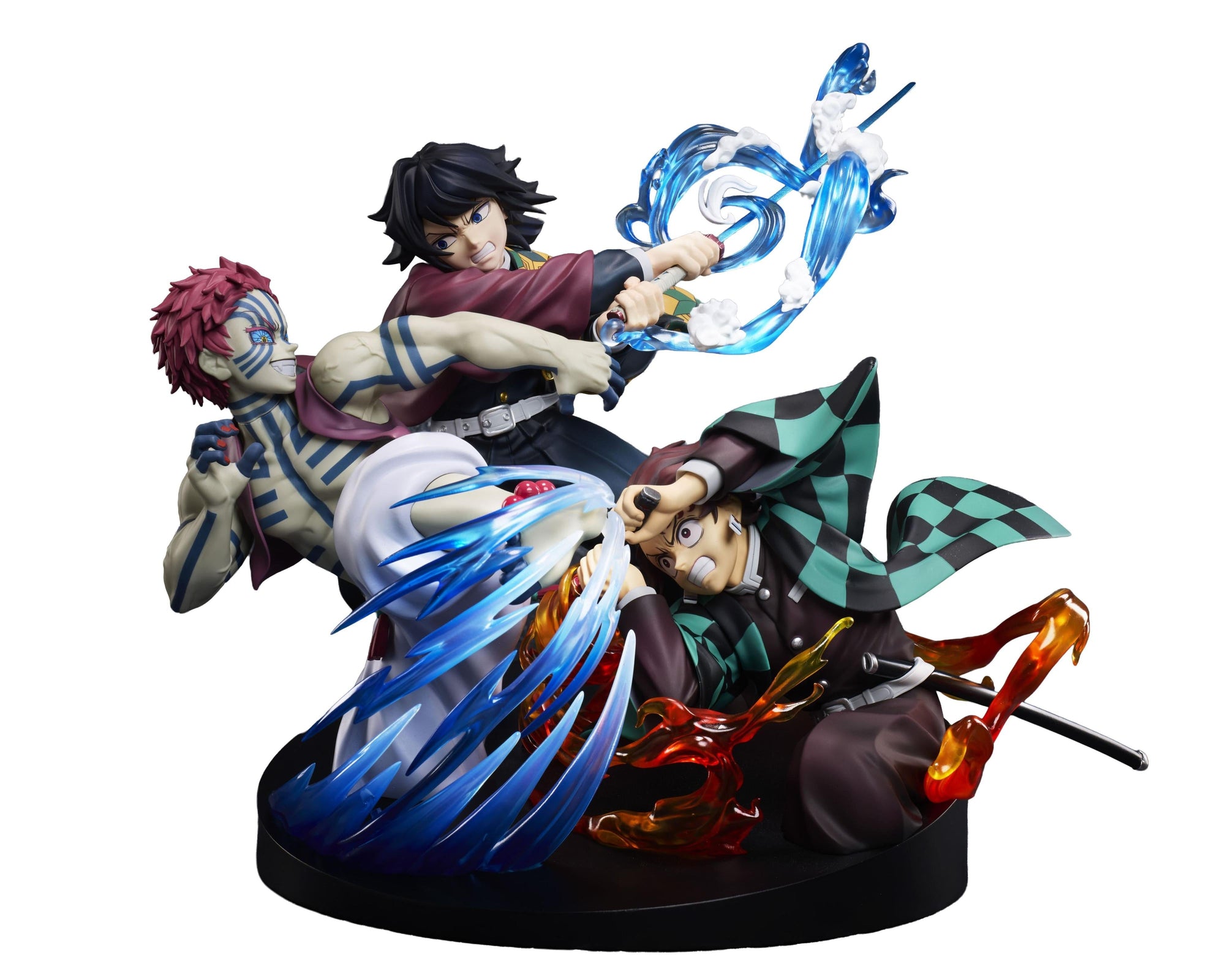 Aniplex Demon Slayer Tanjiro Kamado, Giyu Tomioka, and Akaza vignette figure isolated on a plain white background