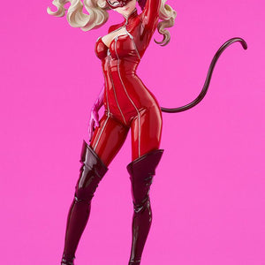 Studio shot of the Panther collectible figure on a vibrant pink background, showcasing her iconic whip tail and cat-themed mask.
