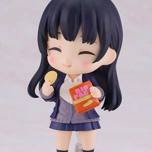 Anna Yamada Nendoroid with a content eating face plate, holding a "Big Pack" potato chip bag and a single chip accessory.