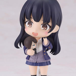 Anna Yamada Nendoroid hugging a small Kyotaro Ichikawa plush accessory with a happy, blushing smile.