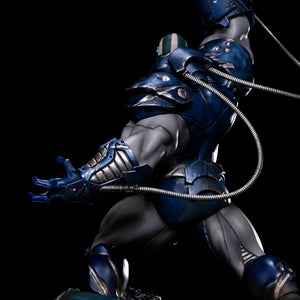 A back-angled close-up of the Apocalypse statue, showcasing the detailed blue Celestial armor, exposed musculature, and tubing on his back and arm.