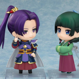 Side-by-side display of the Jinshi Armor Version Nendoroid figure posing next to the Maomao Nendoroid figure against a light blue backdrop.