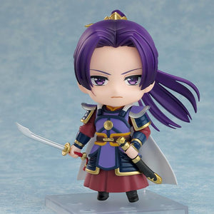 Full front display of the Jinshi Armor Version Nendoroid figure holding an unsheathed sword while standing on a clear plastic base against a blue studio background.
