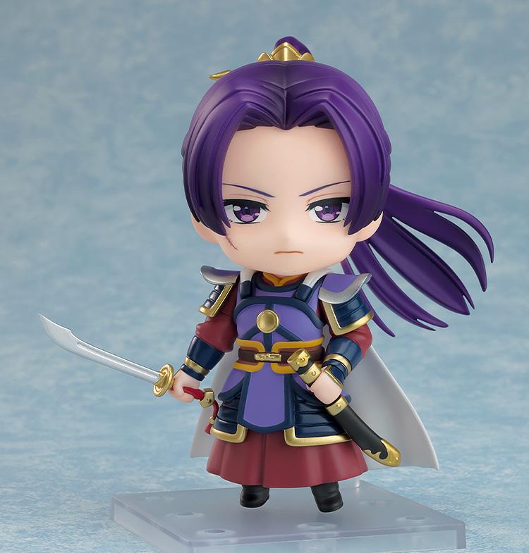 Full front display of the Jinshi Armor Version Nendoroid figure holding an unsheathed sword while standing on a clear plastic base against a blue studio background.