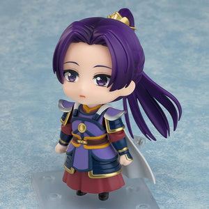 Three-quarter view of the Jinshi Nendoroid displaying his blank face plate option, purple ponytail, and gold-trimmed armor details.