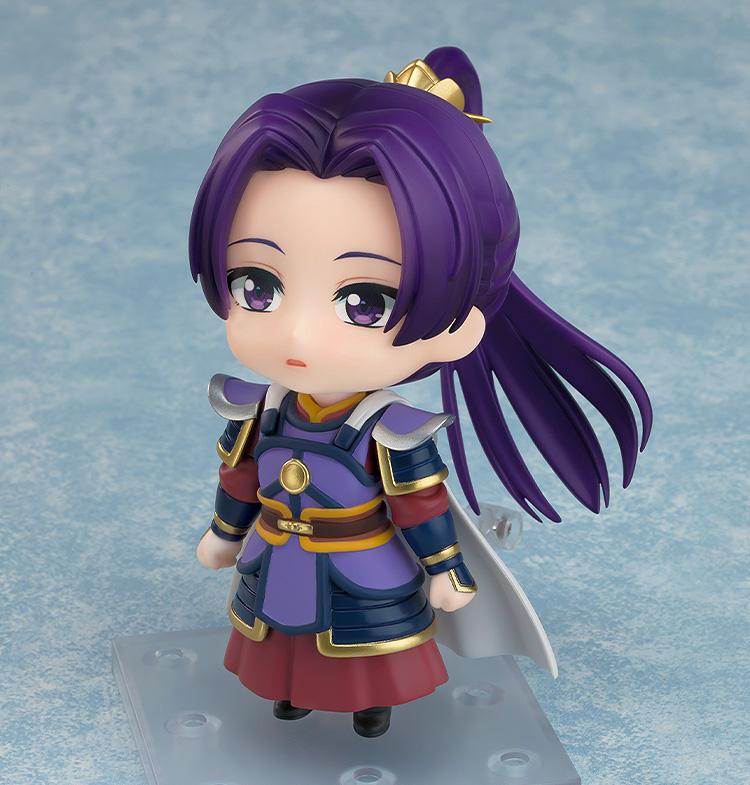 Three-quarter view of the Jinshi Nendoroid displaying his blank face plate option, purple ponytail, and gold-trimmed armor details.