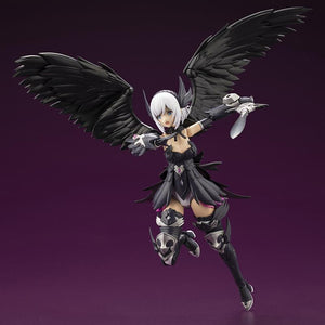 Dynamic aerial battle pose of Lumitea ReACT-A with shouting expression, drawn sword, and flared black wings.