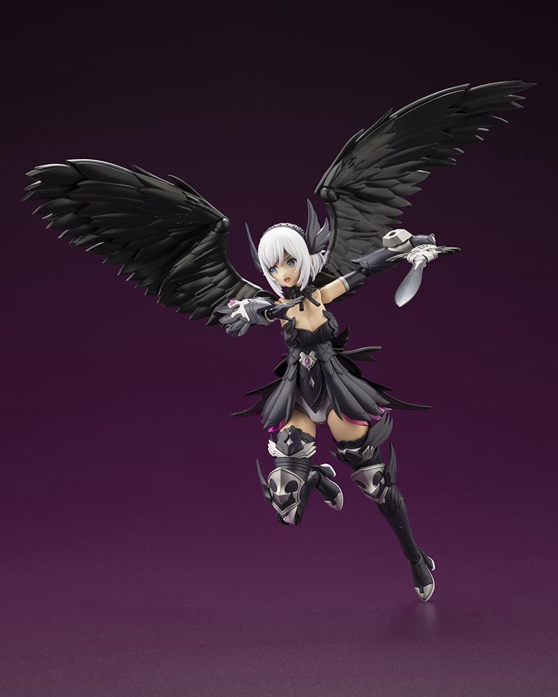 Dynamic aerial battle pose of Lumitea ReACT-A with shouting expression, drawn sword, and flared black wings.