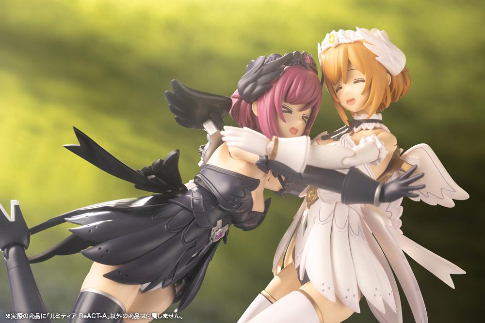 Cute diorama scene featuring pink-haired Lumitea ReACT-A hugging the original Lumitea against a soft outdoor background.