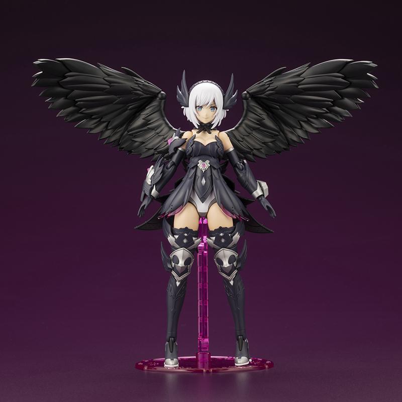 Full-body front view of Lumitea ReACT-A in Wilize Mode standing on a translucent magenta base with outstretched black wings.