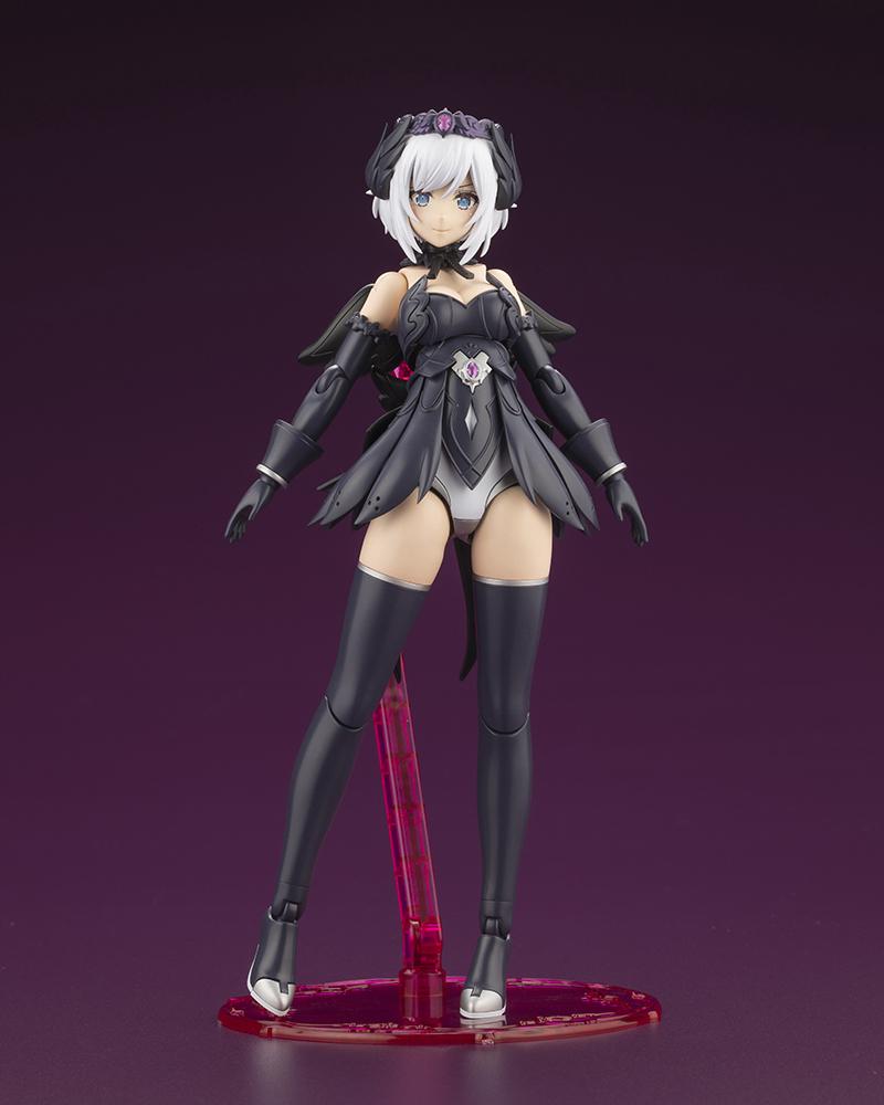 Full-length front view of Lumitea ReACT-A assembled in Normal Mode with dark dress armor on a magenta stand.