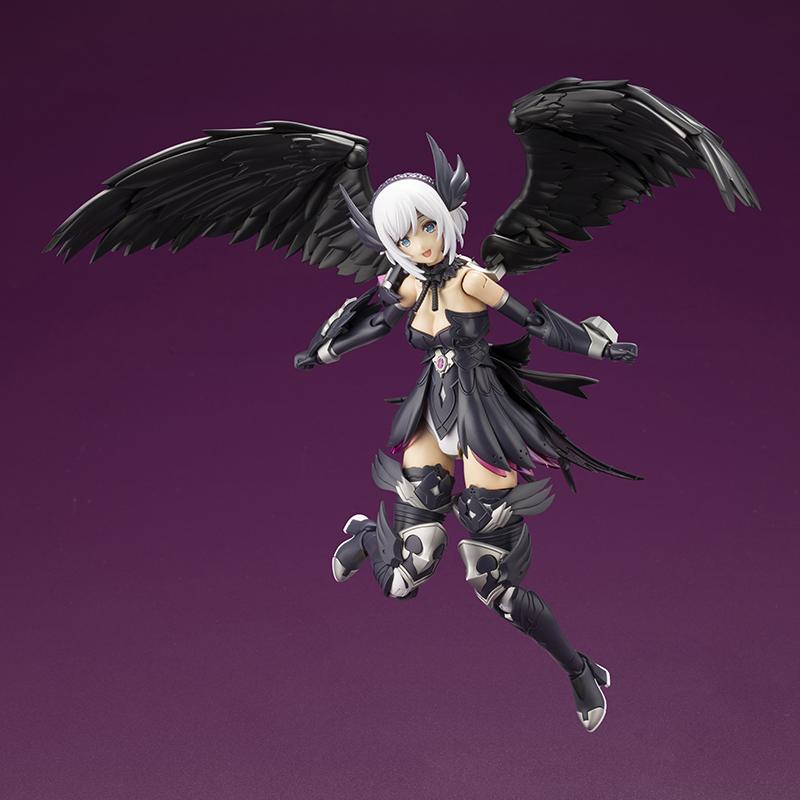 Mid-air flight action pose of the Lumitea ReACT-A model kit diving forward with large black feathered wings.