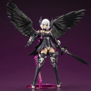 Lumitea ReACT-A model kit standing with wings spread while wielding a black fantasy sword on a clear display stand.