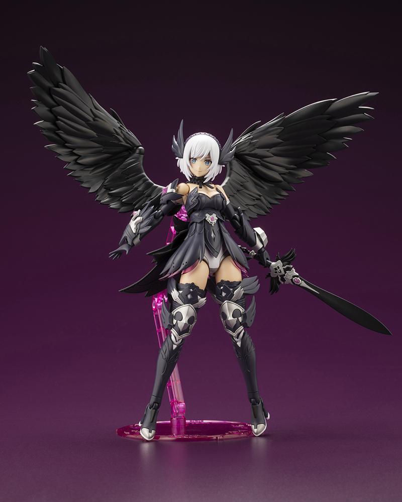 Lumitea ReACT-A model kit standing with wings spread while wielding a black fantasy sword on a clear display stand.