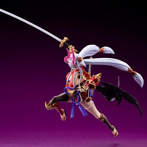 High dynamic airborne pose of Ornela in Wilize Mode brandishing her unsheathed katana