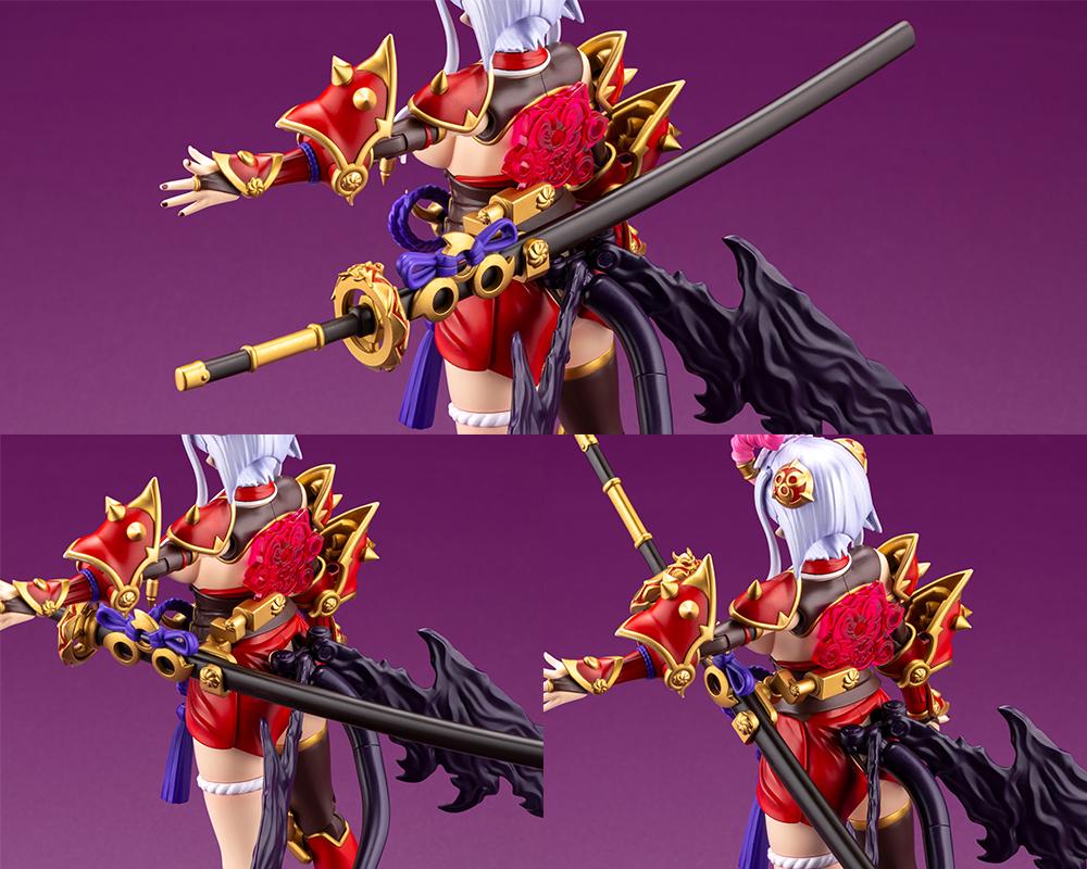 Three-panel detail shot demonstrating back armor articulation and sheath mounting mechanisms