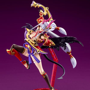 High-action jumping pose of Ornela in Wilize Mode with dual blades and katana on a display stand