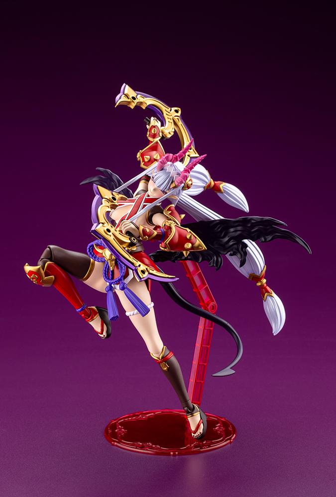High-action jumping pose of Ornela in Wilize Mode with dual blades and katana on a display stand