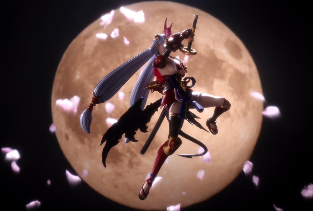 Cinematic action photo of Ornela in Wilize Mode silhouetted against a giant glowing full moon with falling cherry blossoms