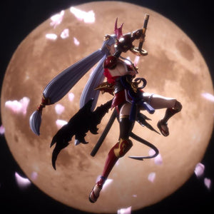 Cinematic action photo of Ornela in Wilize Mode silhouetted against a giant glowing full moon with falling cherry blossoms