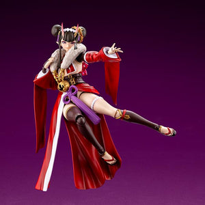 Dynamic flying kick pose of Ornela model kit showcasing leg articulation and flowing robes