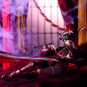 Dramatic studio shot of Ornela lounging with purple smoke rising from her smoking pipe