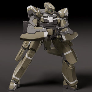 KG-7 Areion model kit holding a submachine gun in a tactical braced stance, showing articulated arm joints.