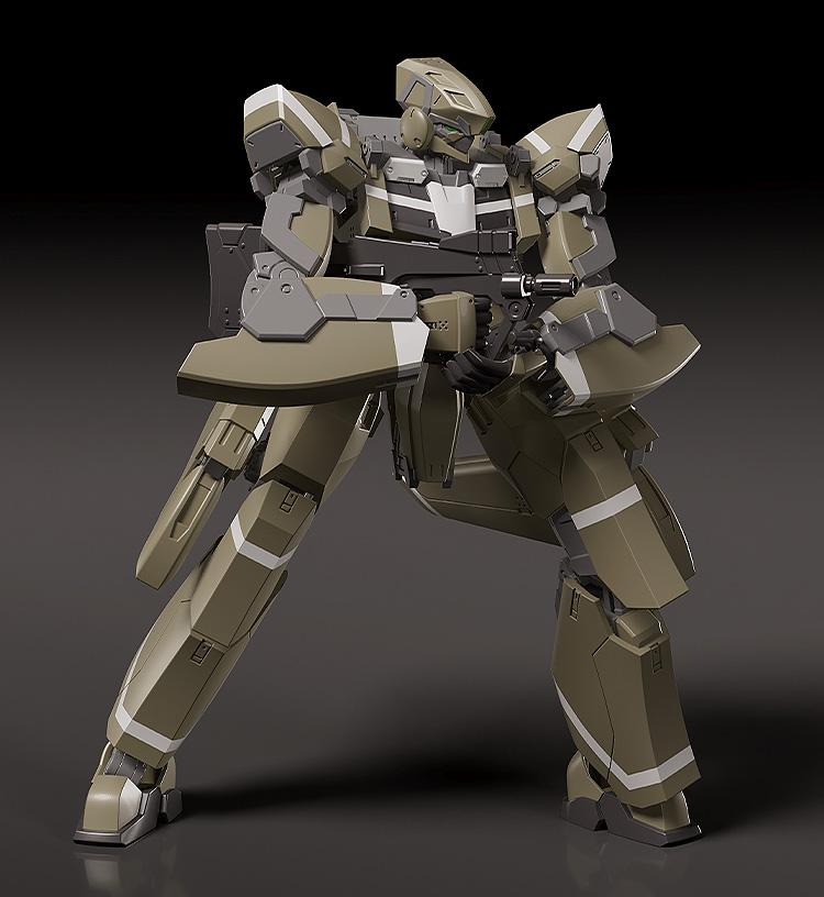 KG-7 Areion model kit holding a submachine gun in a tactical braced stance, showing articulated arm joints.