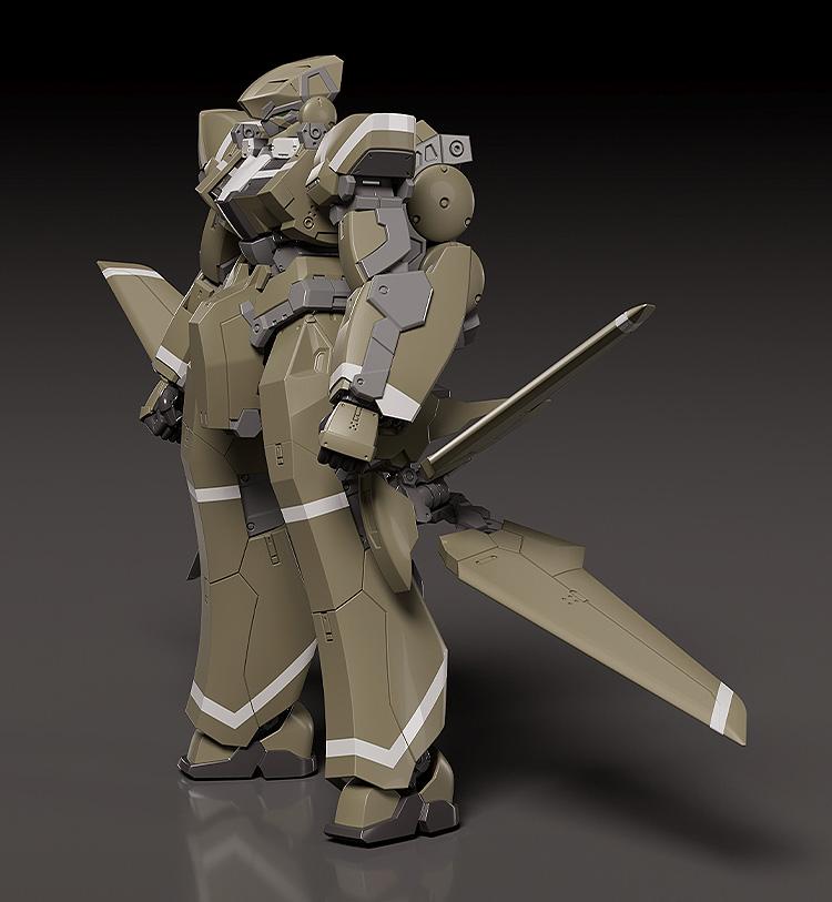 Rear-angled view of the KG-7 Areion showcasing the extended wing structure of the leg stabilizers.