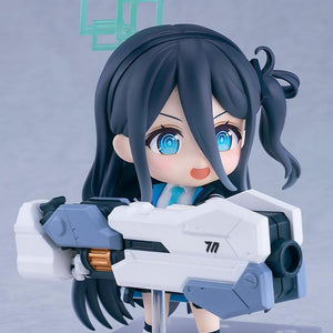 Aris Tendou Nendoroid figure with a brave, shouting face plate, holding her large white and gray Railgun accessory, the Sword of Light: Supernova.
