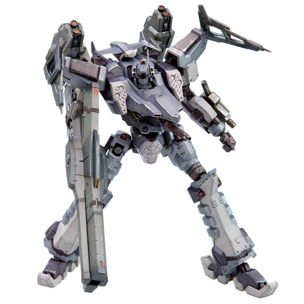 Front view of the Kotobukiya Armored Core Crest CR-C98E2 Assault Type 1/72 scale model kit holding the MWG-KARASAWA laser rifle