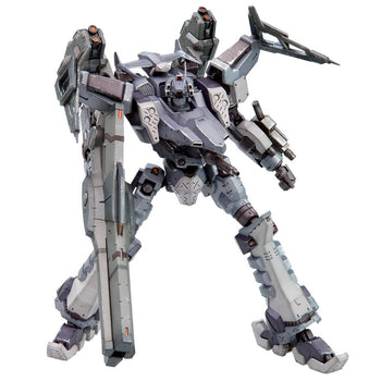 Front view of the Kotobukiya Armored Core Crest CR-C98E2 Assault Type 1/72 scale model kit holding the MWG-KARASAWA laser rifle