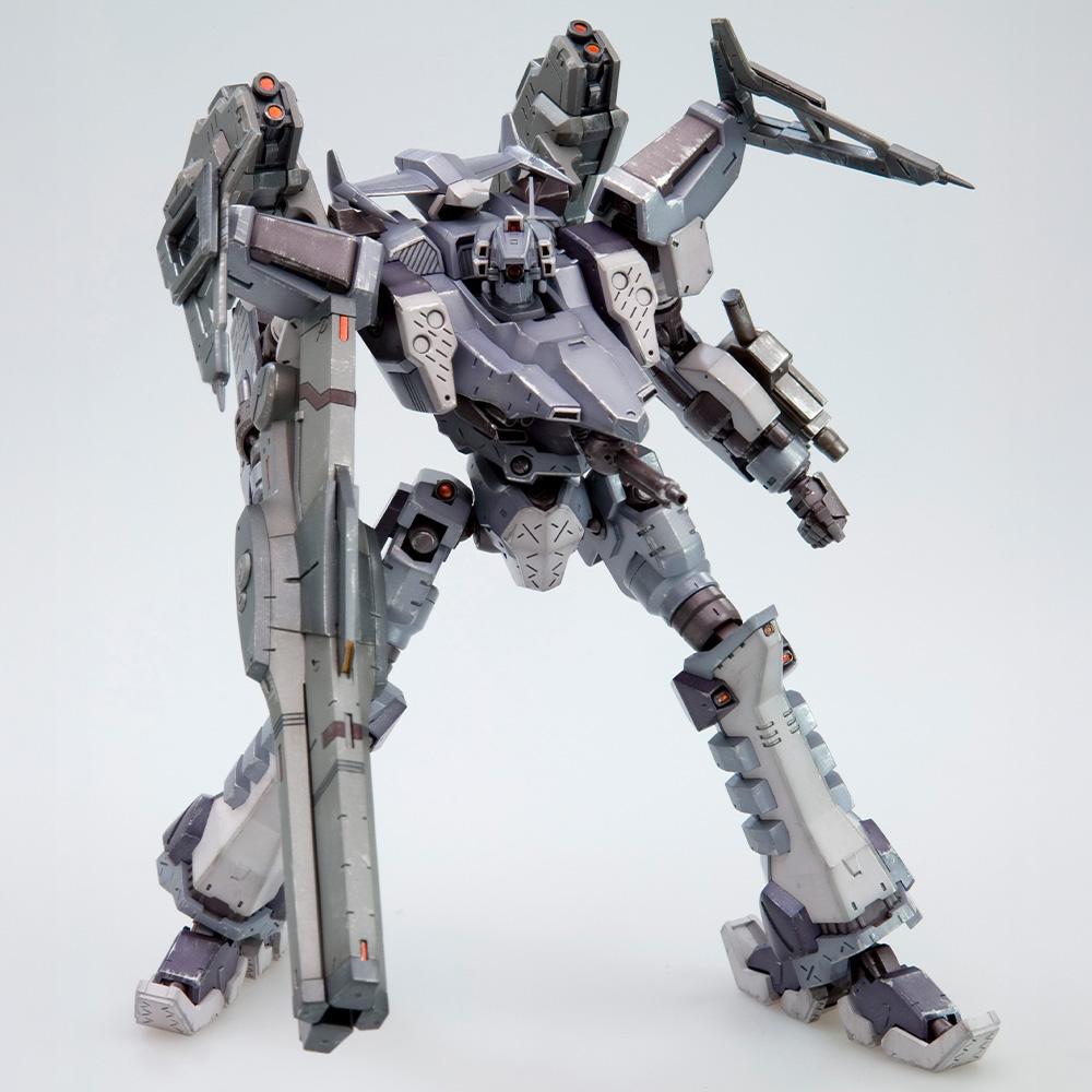 Full-body standing studio hero shot of the Crest CR-C98E2 Assault Type mech model kit from Armored Core 3 Silent Line