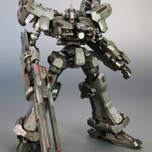 Low angle studio front view of the bipedal Crest CR-C90U3 model kit from Armored Core Last Raven, highlighting its wide stance, heavy shoulder pads, and linear weapons.