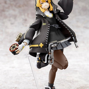 Side view of the Bridget articulated plastic model kit showcasing the high level of detail in the black hoodie and yellow accents.