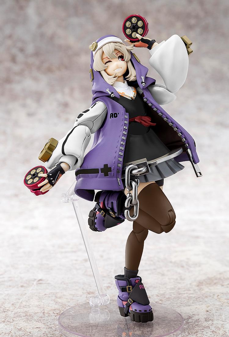 Side view of the Bridget articulated plastic model kit showcasing the high level of detail in the purple hoodie and mechanical accessories.