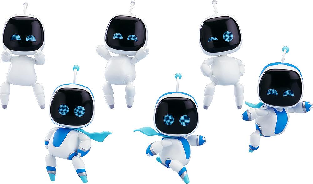 Product lineup render of the ASTROBOT Nendoroid Surprise Astro 1.0 set showing six distinct robot figures in various dynamic gaming poses against a white background.