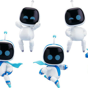 Product lineup render of the ASTROBOT Nendoroid Surprise Astro 1.0 set showing six distinct robot figures in various dynamic gaming poses against a white background.